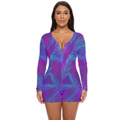 Leaf-pattern-with-neon-purple-background Long Sleeve Boyleg Swimsuit by Jancukart