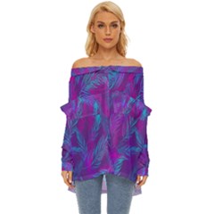 Leaf-pattern-with-neon-purple-background Off Shoulder Chiffon Pocket Shirt