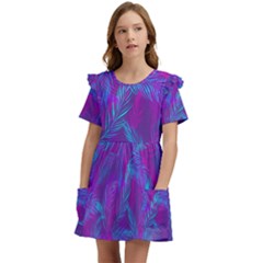 Leaf-pattern-with-neon-purple-background Kids  Frilly Sleeves Pocket Dress