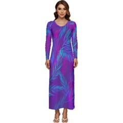 Leaf-pattern-with-neon-purple-background Long Sleeve Velour Longline Maxi Dress by Jancukart