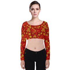 Seamless-pattern-slavic-folk-style Velvet Long Sleeve Crop Top