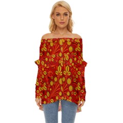 Seamless-pattern-slavic-folk-style Off Shoulder Chiffon Pocket Shirt