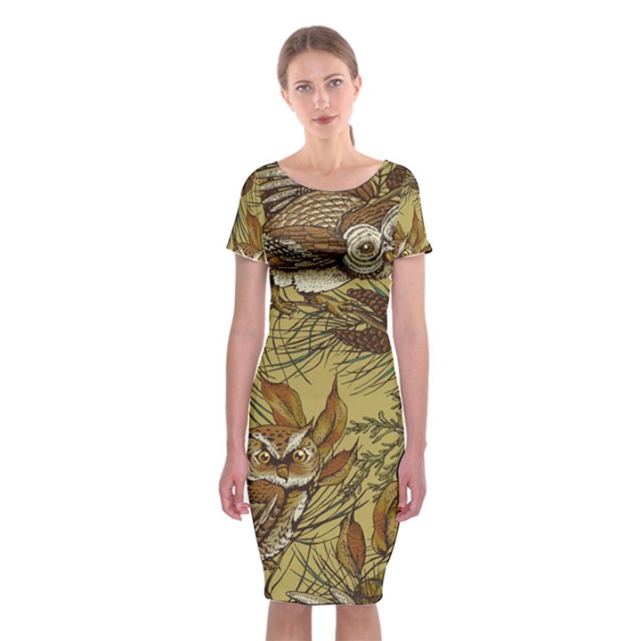 Forest-vintage-seamless-background-with-owls Classic Short Sleeve Midi Dress