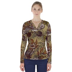 Forest-vintage-seamless-background-with-owls V-neck Long Sleeve Top