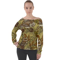 Forest-vintage-seamless-background-with-owls Off Shoulder Long Sleeve Velour Top