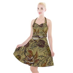 Forest-vintage-seamless-background-with-owls Halter Party Swing Dress  by Jancukart