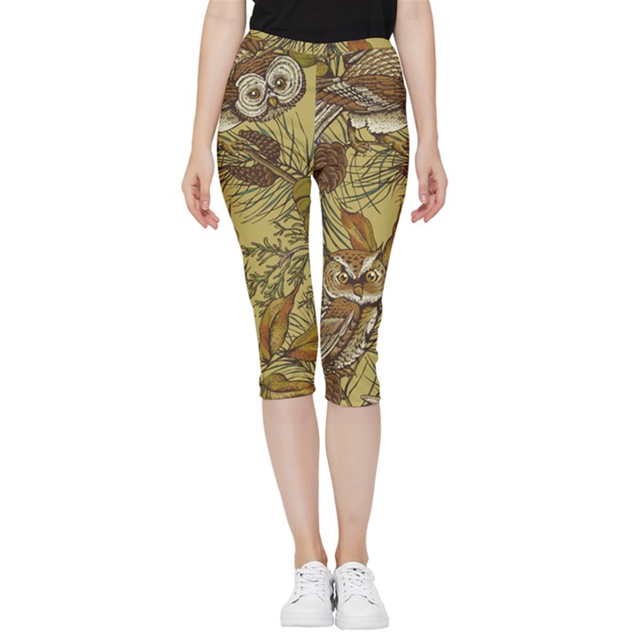 Forest-vintage-seamless-background-with-owls Inside Out Lightweight Velour Capri Leggings 