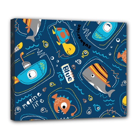 Seamless-pattern-vector-submarine-with-sea-animals-cartoon Deluxe Canvas 24  X 20  (stretched) by Jancukart