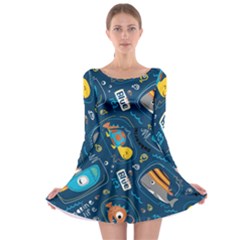 Seamless-pattern-vector-submarine-with-sea-animals-cartoon Long Sleeve Skater Dress