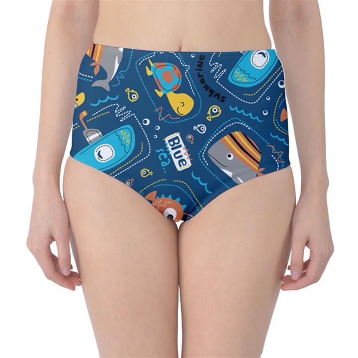 Seamless-pattern-vector-submarine-with-sea-animals-cartoon Classic High-Waist Bikini Bottoms