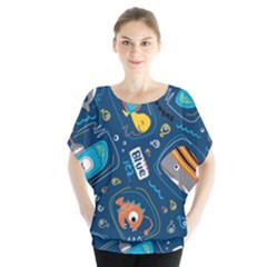 Seamless-pattern-vector-submarine-with-sea-animals-cartoon Batwing Chiffon Blouse