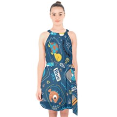 Seamless-pattern-vector-submarine-with-sea-animals-cartoon Halter Collar Waist Tie Chiffon Dress