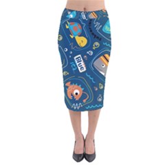 Seamless-pattern-vector-submarine-with-sea-animals-cartoon Velvet Midi Pencil Skirt by Jancukart