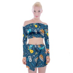 Seamless-pattern-vector-submarine-with-sea-animals-cartoon Off Shoulder Top With Mini Skirt Set by Jancukart