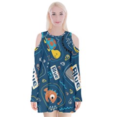 Seamless-pattern-vector-submarine-with-sea-animals-cartoon Velvet Long Sleeve Shoulder Cutout Dress