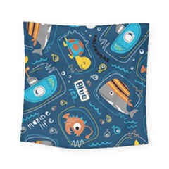 Seamless-pattern-vector-submarine-with-sea-animals-cartoon Square Tapestry (small)