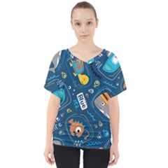 Seamless-pattern-vector-submarine-with-sea-animals-cartoon V-neck Dolman Drape Top