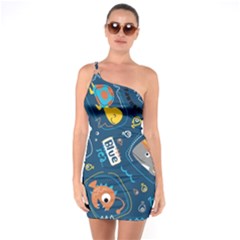 Seamless-pattern-vector-submarine-with-sea-animals-cartoon One Soulder Bodycon Dress