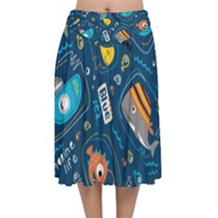 Seamless-pattern-vector-submarine-with-sea-animals-cartoon Velvet Flared Midi Skirt by Jancukart