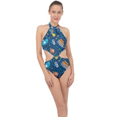 Seamless-pattern-vector-submarine-with-sea-animals-cartoon Halter Side Cut Swimsuit