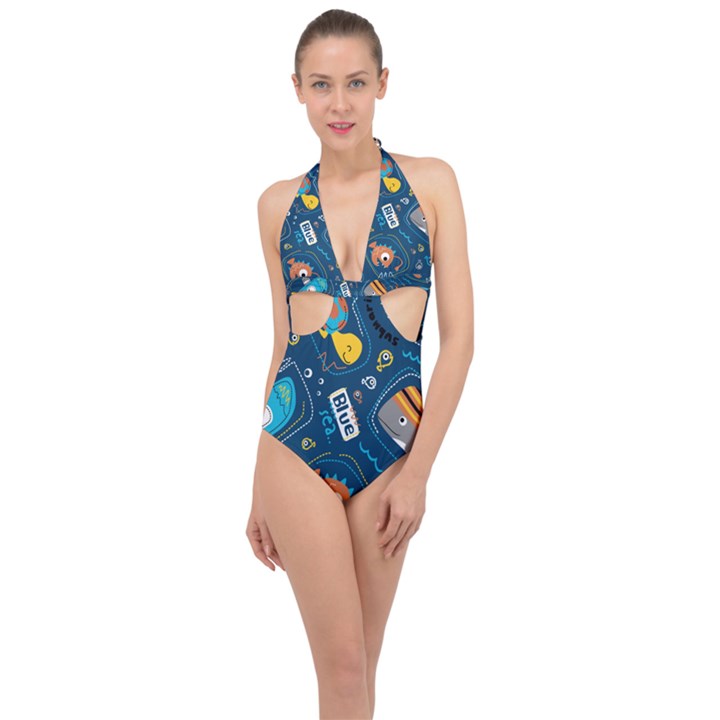 Seamless-pattern-vector-submarine-with-sea-animals-cartoon Halter Front Plunge Swimsuit