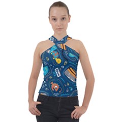 Seamless-pattern-vector-submarine-with-sea-animals-cartoon Cross Neck Velour Top