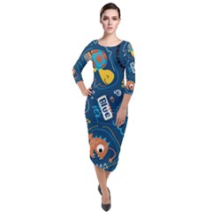 Seamless-pattern-vector-submarine-with-sea-animals-cartoon Quarter Sleeve Midi Velour Bodycon Dress