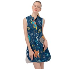 Seamless-pattern-vector-submarine-with-sea-animals-cartoon Sleeveless Shirt Dress by Jancukart