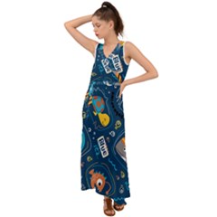 Seamless-pattern-vector-submarine-with-sea-animals-cartoon V-neck Chiffon Maxi Dress by Jancukart