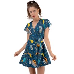 Seamless-pattern-vector-submarine-with-sea-animals-cartoon Flutter Sleeve Wrap Dress