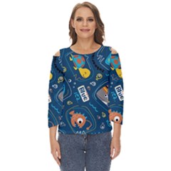 Seamless-pattern-vector-submarine-with-sea-animals-cartoon Cut Out Wide Sleeve Top