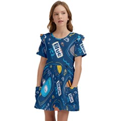 Seamless-pattern-vector-submarine-with-sea-animals-cartoon Kids  Frilly Sleeves Pocket Dress