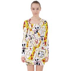 Vector-seamless-pattern-nice-animals-cartoon V-neck Bodycon Long Sleeve Dress