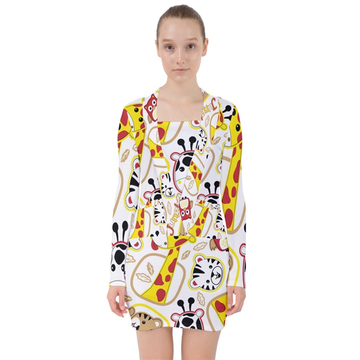 Vector-seamless-pattern-nice-animals-cartoon V-neck Bodycon Long Sleeve Dress