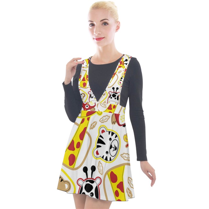 Vector-seamless-pattern-nice-animals-cartoon Plunge Pinafore Velour Dress