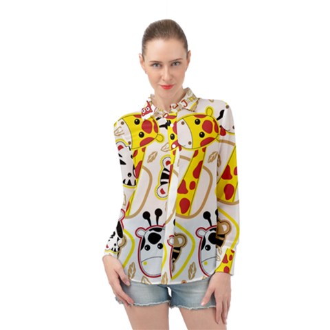 Vector-seamless-pattern-nice-animals-cartoon Long Sleeve Chiffon Shirt by Jancukart