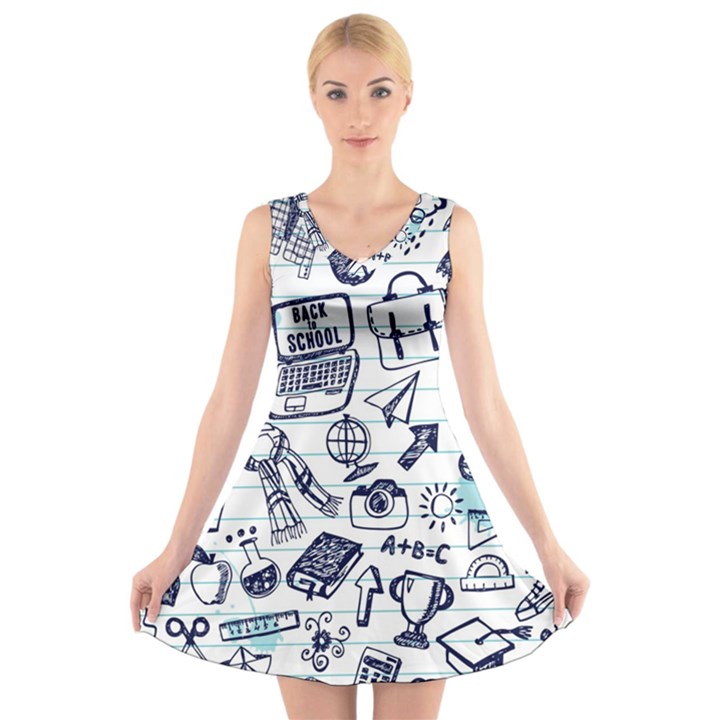 Hand-drawn-back-school-pattern V-Neck Sleeveless Dress