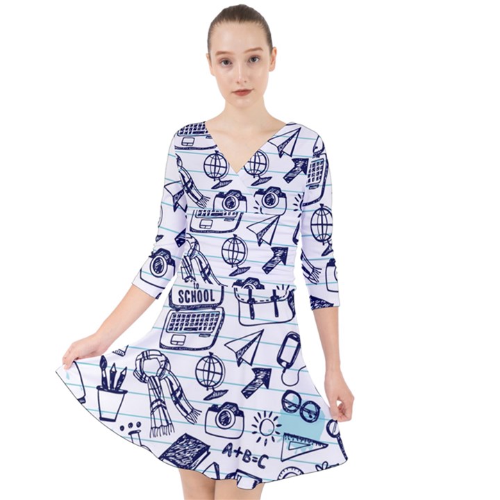 Hand-drawn-back-school-pattern Quarter Sleeve Front Wrap Dress