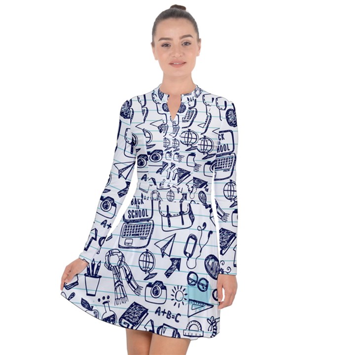 Hand-drawn-back-school-pattern Long Sleeve Panel Dress