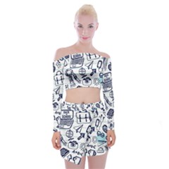 Hand-drawn-back-school-pattern Off Shoulder Top With Mini Skirt Set