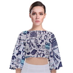 Hand-drawn-back-school-pattern Tie Back Butterfly Sleeve Chiffon Top