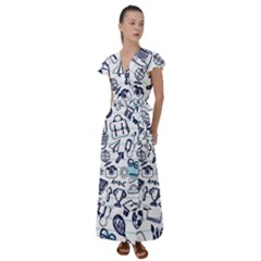 Hand-drawn-back-school-pattern Flutter Sleeve Maxi Dress