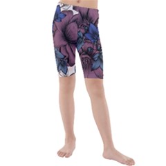 Floral-wallpaper-pattern-with-engraved-hand-drawn-flowers-vintage-style Kids  Mid Length Swim Shorts