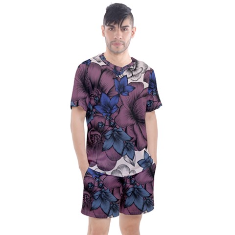 Floral-wallpaper-pattern-with-engraved-hand-drawn-flowers-vintage-style Men s Mesh Tee And Shorts Set by Jancukart