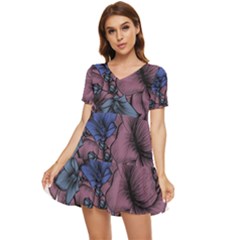 Floral-wallpaper-pattern-with-engraved-hand-drawn-flowers-vintage-style Tiered Short Sleeve Babydoll Dress