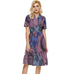 Floral-wallpaper-pattern-with-engraved-hand-drawn-flowers-vintage-style Button Top Knee Length Dress