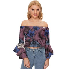 Floral-wallpaper-pattern-with-engraved-hand-drawn-flowers-vintage-style Off Shoulder Flutter Bell Sleeve Top