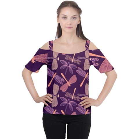 Dragonfly-pattern-design Cutout Shoulder Tee by Jancukart