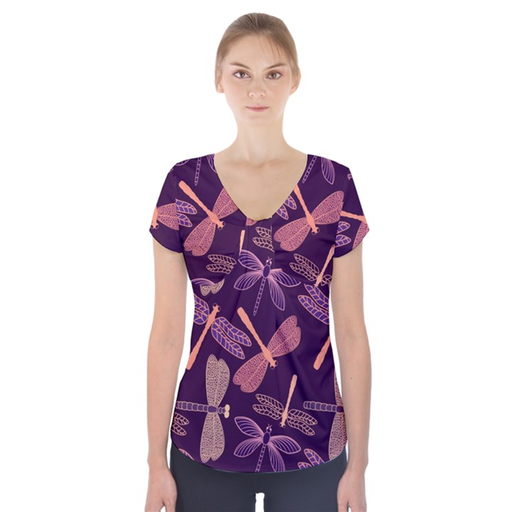 Dragonfly-pattern-design Short Sleeve Front Detail Top