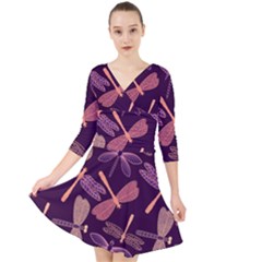 Dragonfly-pattern-design Quarter Sleeve Front Wrap Dress